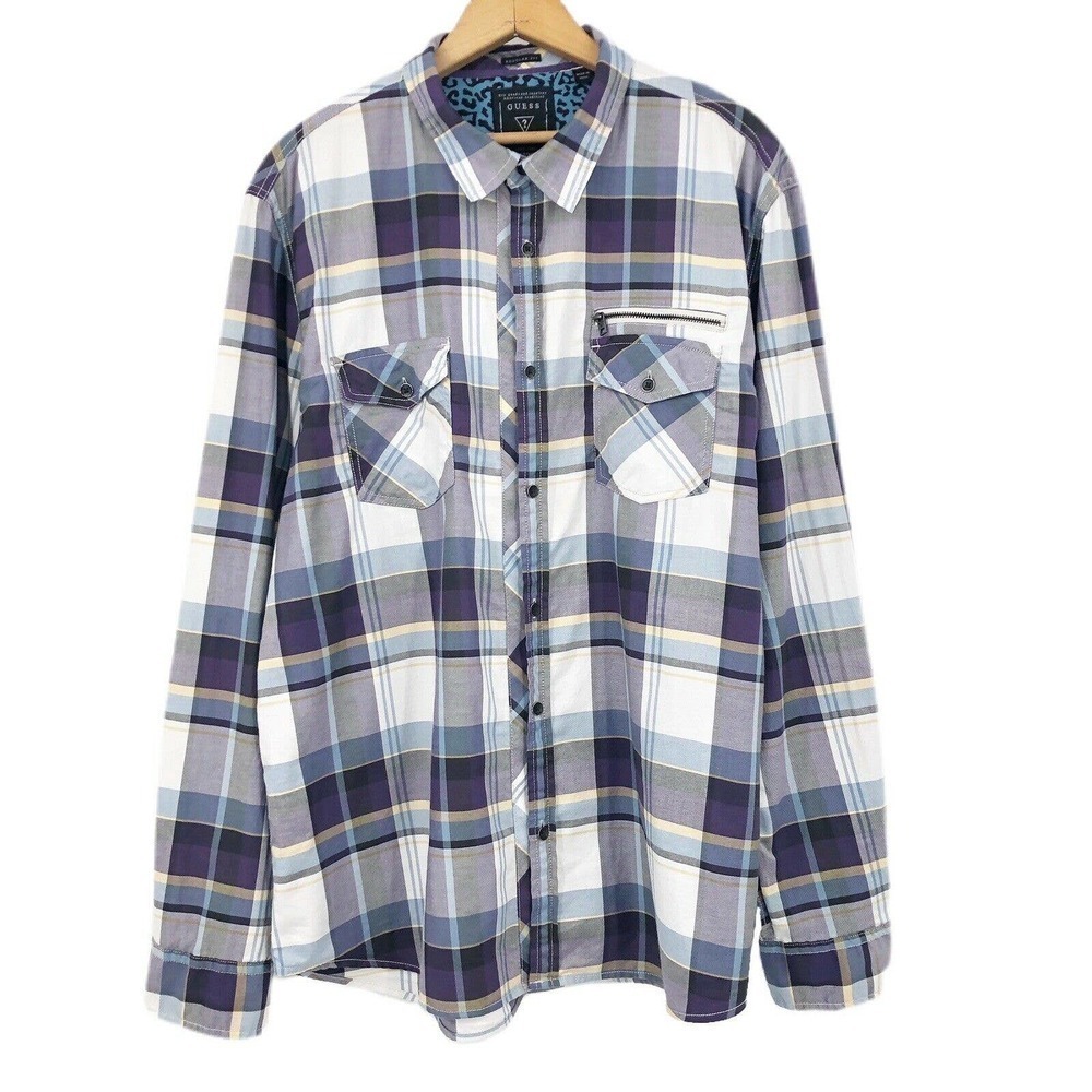 Guess Men's Button Front Shirt Purple Plaid Size XL Flip Cuff Long Sleeve Cotton